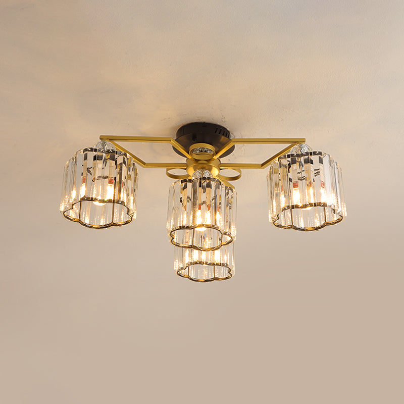 Floral Cylinder Guest Room Semi Flush Clear Crystal 4/6/7-Light Minimalism Ceiling Mounted Fixture in Gold