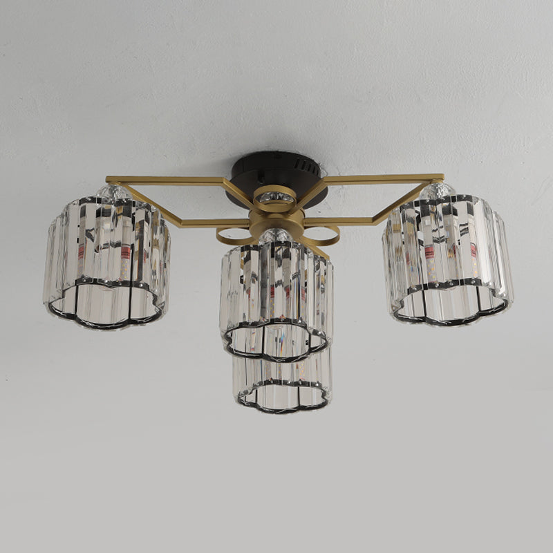 Floral Cylinder Guest Room Semi Flush Clear Crystal 4/6/7-Light Minimalism Ceiling Mounted Fixture in Gold