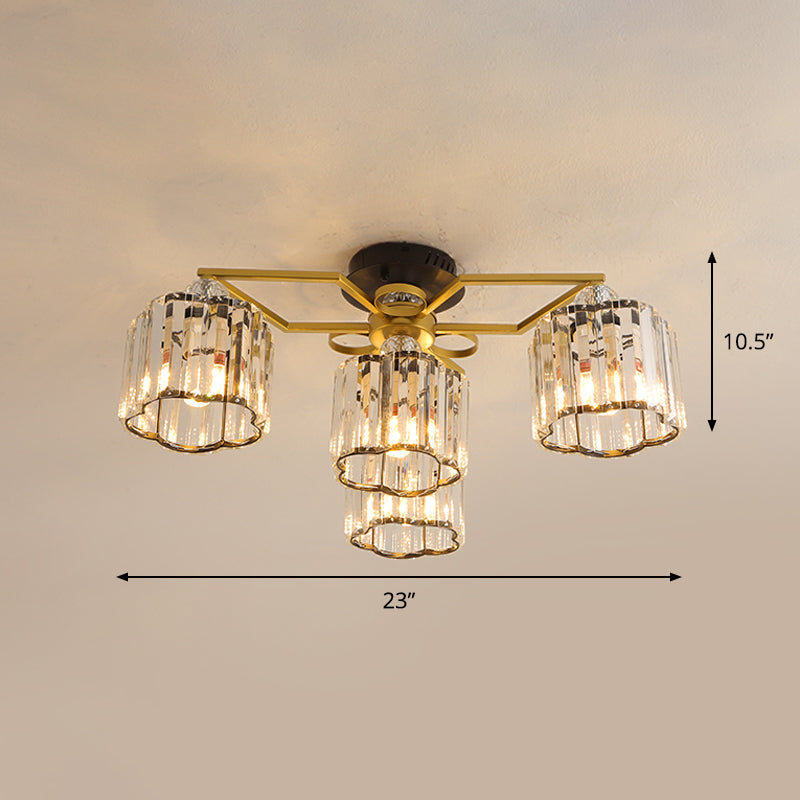 Floral Cylinder Guest Room Semi Flush Clear Crystal 4/6/7-Light Minimalism Ceiling Mounted Fixture in Gold