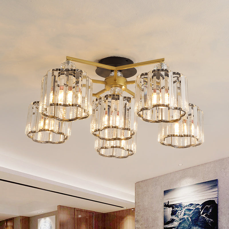 Floral Cylinder Guest Room Semi Flush Clear Crystal 4/6/7-Light Minimalism Ceiling Mounted Fixture in Gold