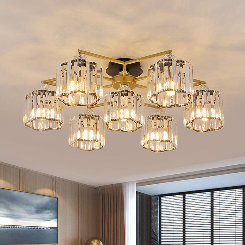 Floral Cylinder Guest Room Semi Flush Clear Crystal 4/6/7-Light Minimalism Ceiling Mounted Fixture in Gold