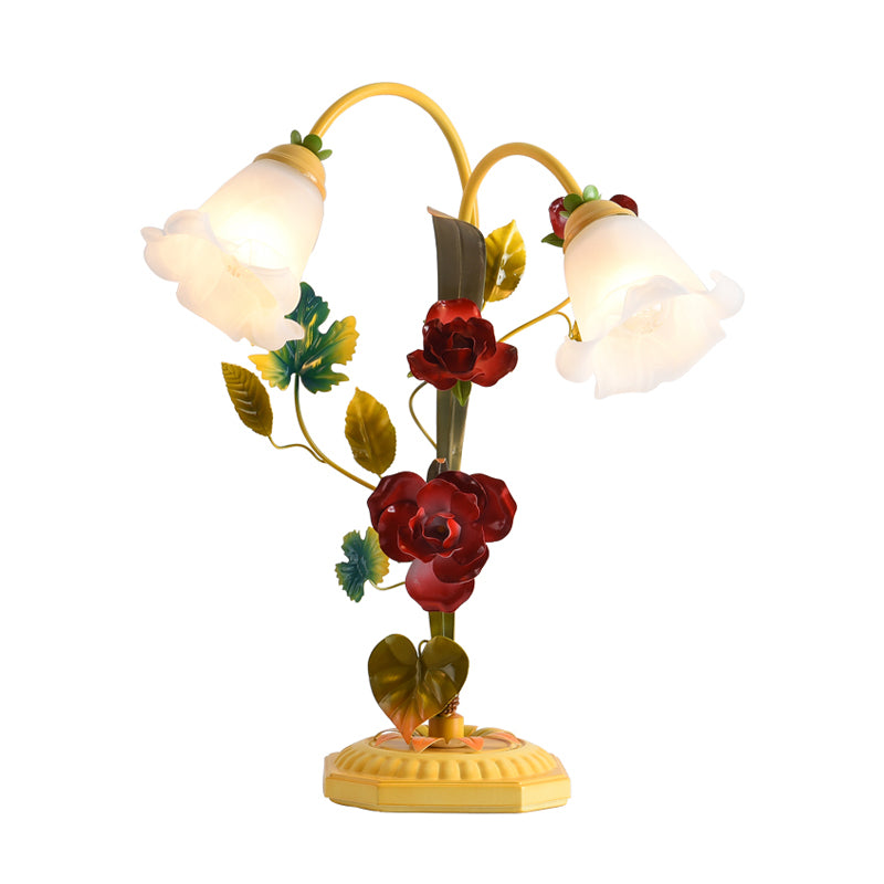 Frosted Glass Yellow Table Lamp Flower Single Bulb Antique Rose Night Light with Arched Arm