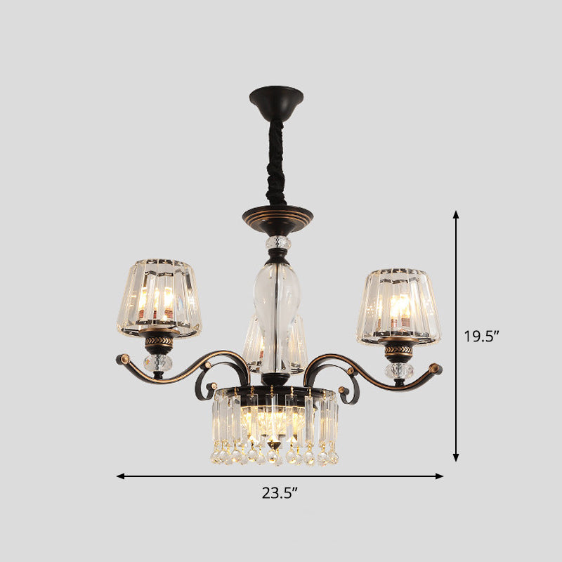 Black Conic Down Lighting Contemporary 3/6 Heads Clear Crystal Chandelier Lamp Fixture