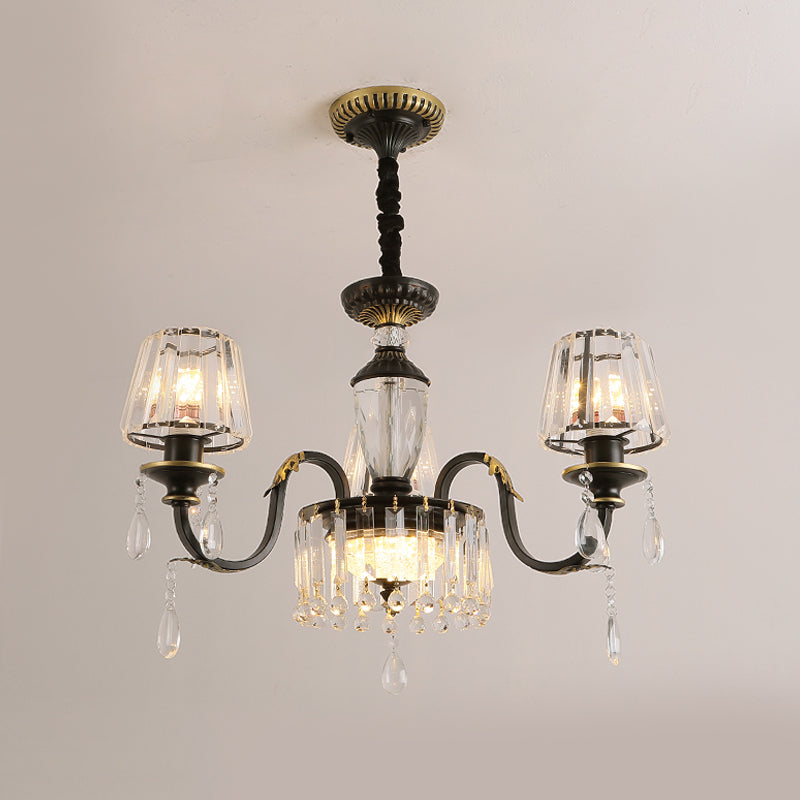 Cone Crystal Block Chandelier Light Modernism 3/6-Head Black Down Lighting Pendant with Droplet