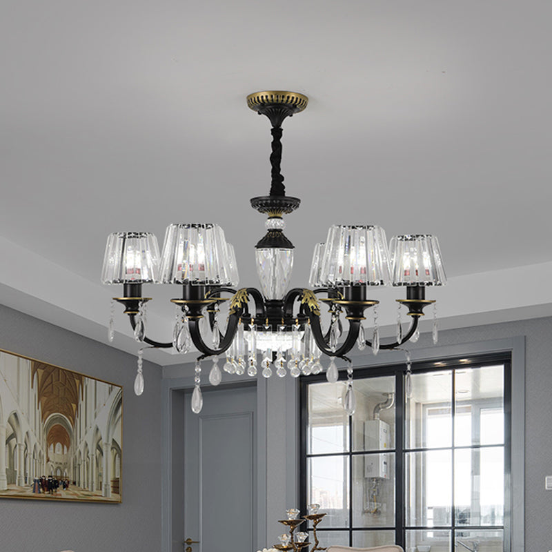 Cone Crystal Block Chandelier Light Modernism 3/6-Head Black Down Lighting Pendant with Droplet