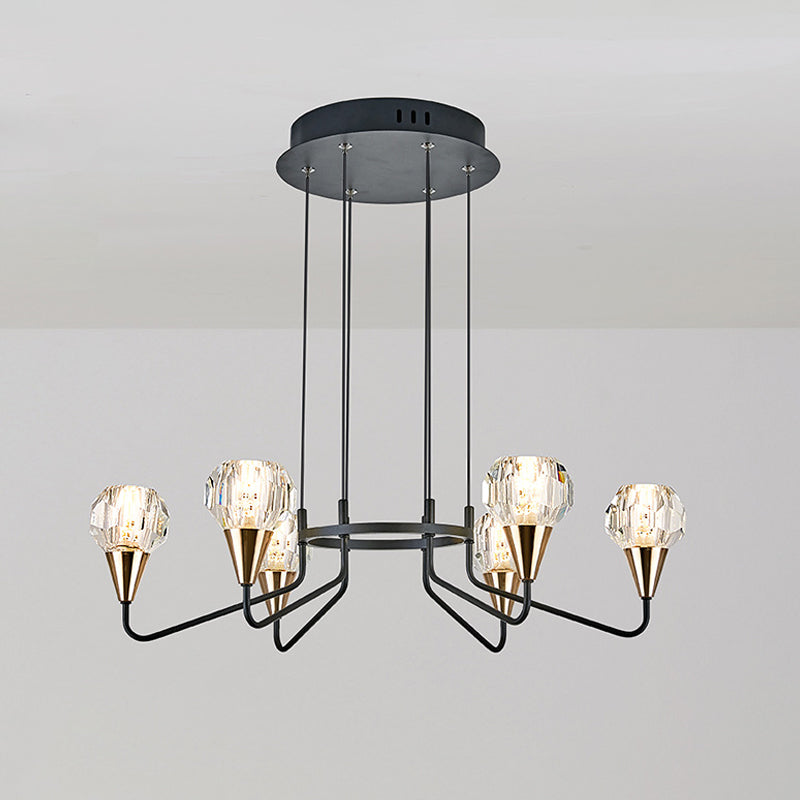 6/8 Bulbs Living Room Suspension Light Minimalism Black Chandelier with Round Faceted Crystal Shade