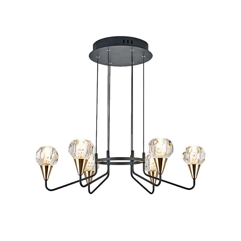 6/8 Bulbs Living Room Suspension Light Minimalism Black Chandelier with Round Faceted Crystal Shade