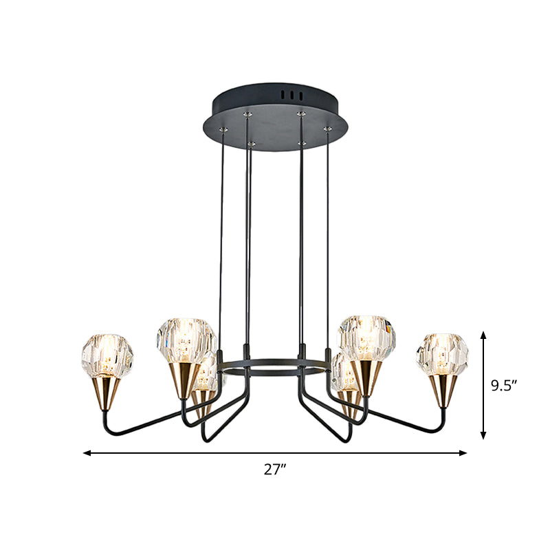 6/8 Bulbs Living Room Suspension Light Minimalism Black Chandelier with Round Faceted Crystal Shade