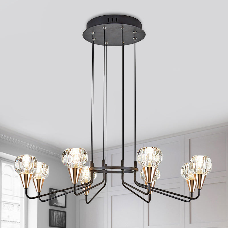 6/8 Bulbs Living Room Suspension Light Minimalism Black Chandelier with Round Faceted Crystal Shade