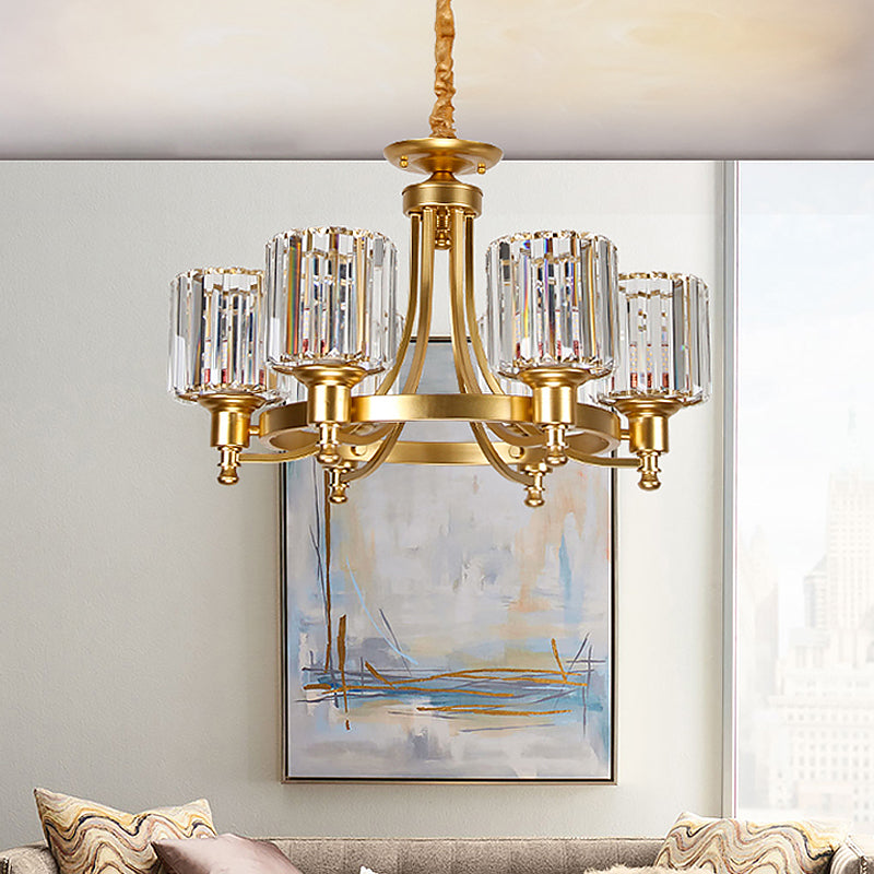 Metal Round Chandelier Lighting Contemporary 3/6-Bulb Gold Ceiling Pendant Light with Drum Crystal Prisms Shade