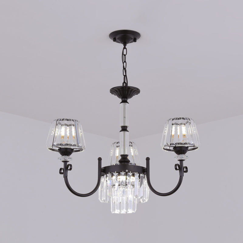 Conical Crystal Prisms Drop Pendant Modernist 3/6 Heads Black Ceiling Chandelier with Curved Arm