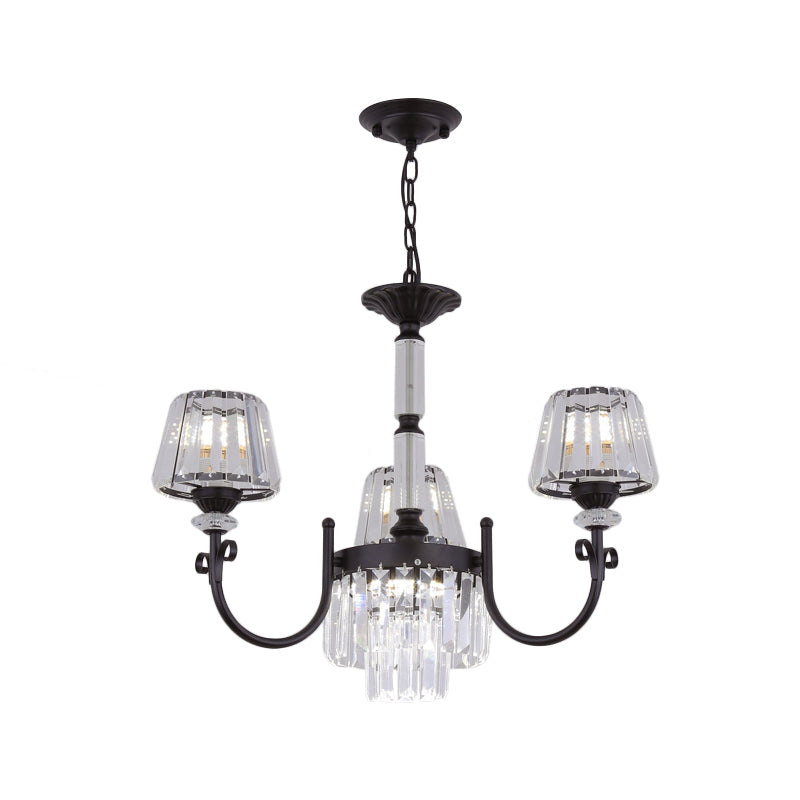 Conical Crystal Prisms Drop Pendant Modernist 3/6 Heads Black Ceiling Chandelier with Curved Arm