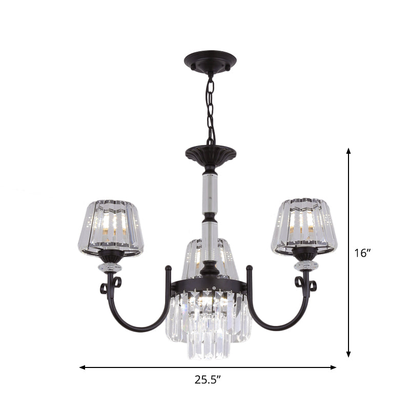 Conical Crystal Prisms Drop Pendant Modernist 3/6 Heads Black Ceiling Chandelier with Curved Arm