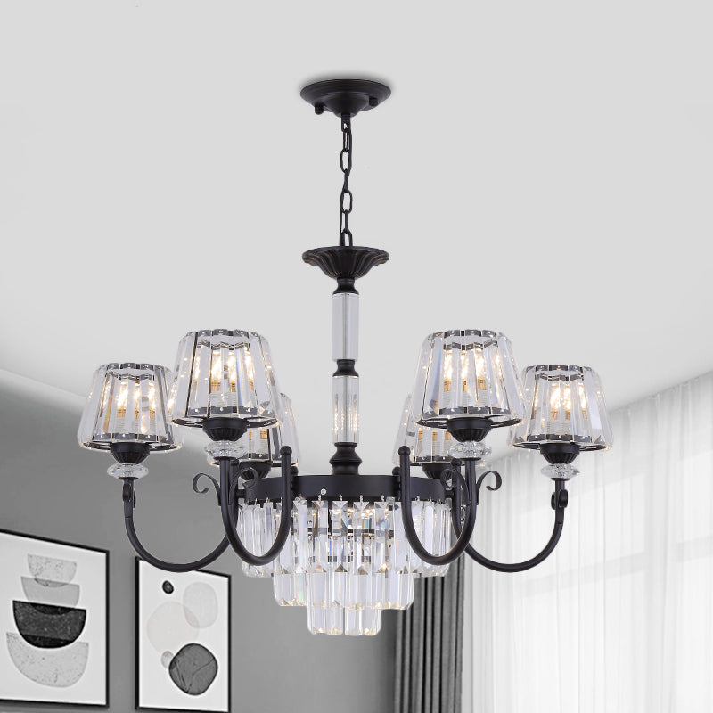 Conical Crystal Prisms Drop Pendant Modernist 3/6 Heads Black Ceiling Chandelier with Curved Arm