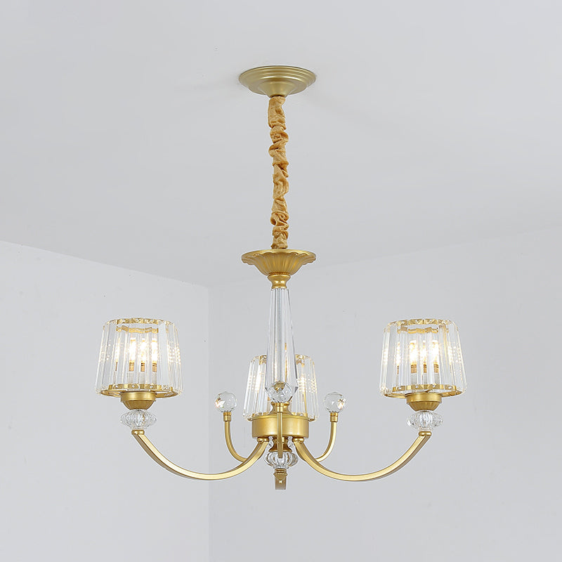 Barrel Dining Room Chandelier Lighting Crystal Block 3/6 Lights Modern Suspension Pendant in Gold