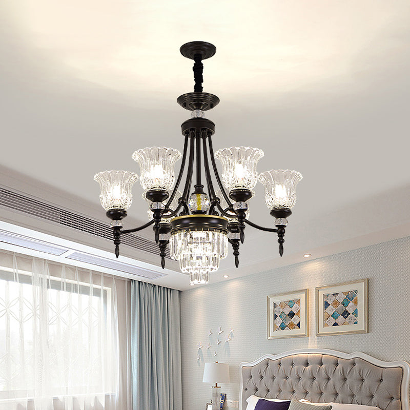 Modernism 6/8 Bulbs Chandelier Light Black Flower Suspension Lamp with Beveled Crystal Shade