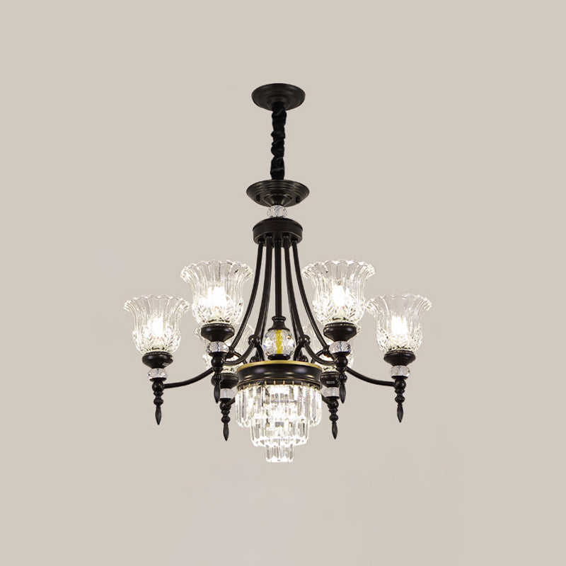 Modernism 6/8 Bulbs Chandelier Light Black Flower Suspension Lamp with Beveled Crystal Shade