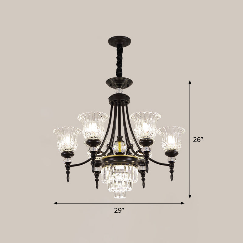 Modernism 6/8 Bulbs Chandelier Light Black Flower Suspension Lamp with Beveled Crystal Shade