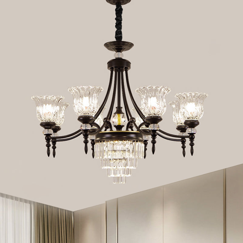 Modernism 6/8 Bulbs Chandelier Light Black Flower Suspension Lamp with Beveled Crystal Shade