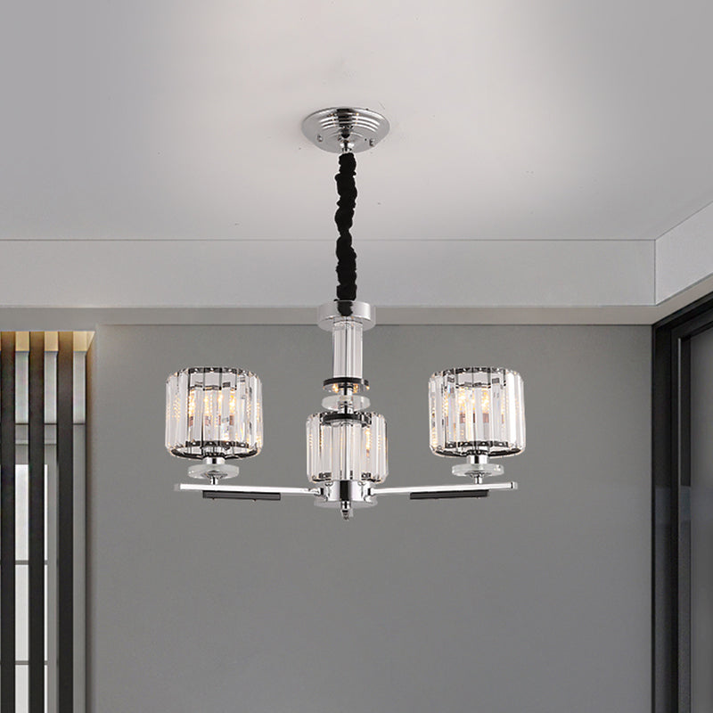 Drum Pendant Chandelier Simple Crystal Block 3/6-Head Black Ceiling Light with Radial Design