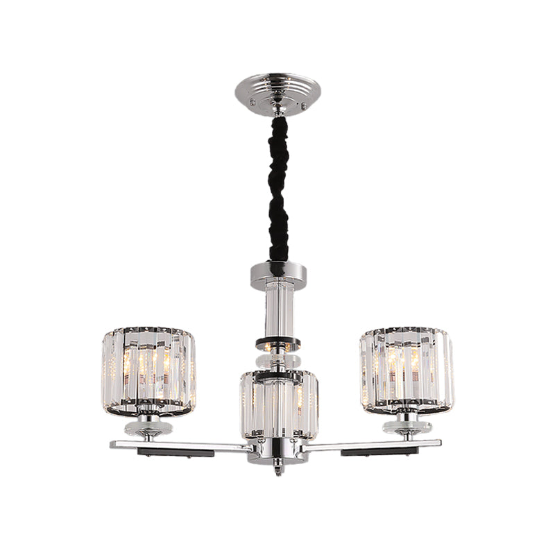 Drum Pendant Chandelier Simple Crystal Block 3/6-Head Black Ceiling Light with Radial Design