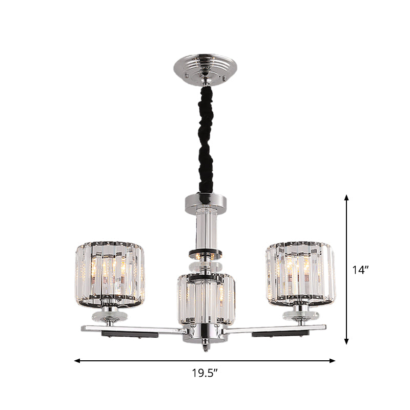 Drum Pendant Chandelier Simple Crystal Block 3/6-Head Black Ceiling Light with Radial Design