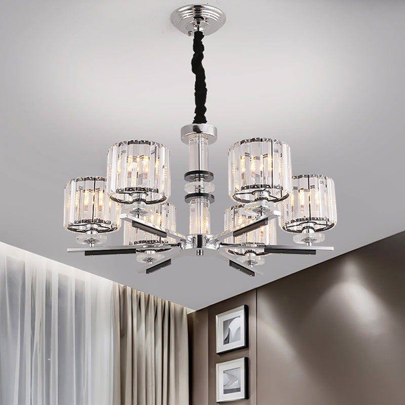 Drum Pendant Chandelier Simple Crystal Block 3/6-Head Black Ceiling Light with Radial Design