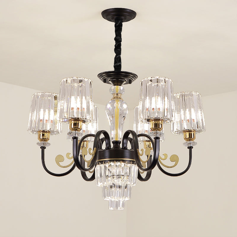 Black Tapered Ceiling Lamp Simplicity 6/8 Lights Prismatic Crystal Chandelier Lighting Fixture with Scroll Arm