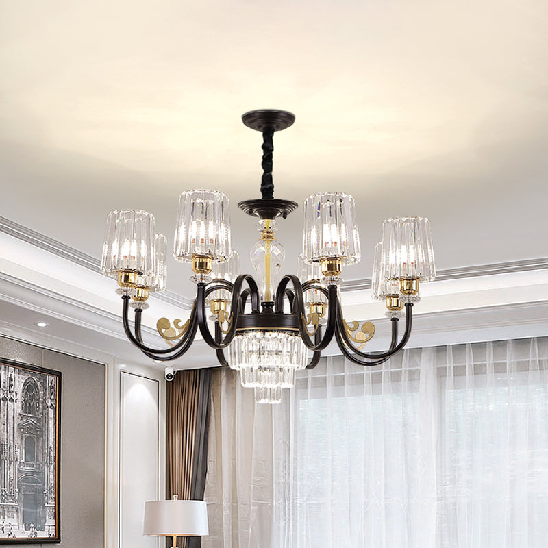 Black Tapered Ceiling Lamp Simplicity 6/8 Lights Prismatic Crystal Chandelier Lighting Fixture with Scroll Arm