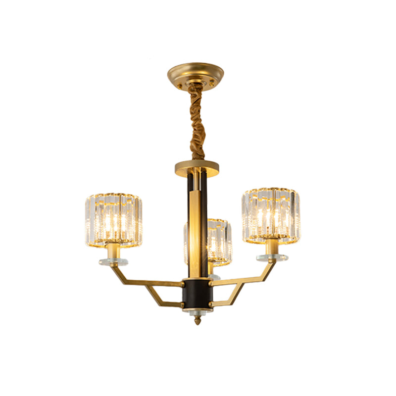 Cylindrical Bedroom Pendant Lighting Hand-Cut Crystal 3/6 Lights Modernism Chandelier in Gold