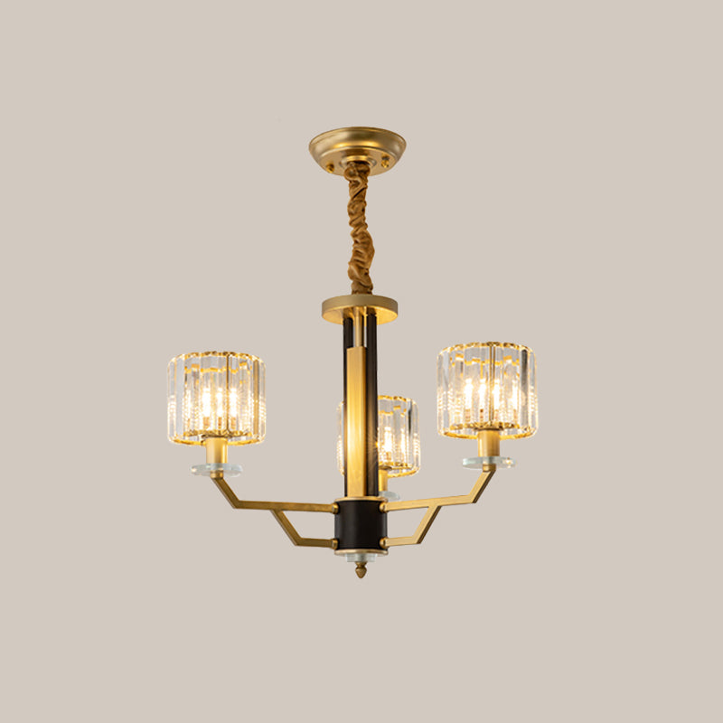 Cylindrical Bedroom Pendant Lighting Hand-Cut Crystal 3/6 Lights Modernism Chandelier in Gold