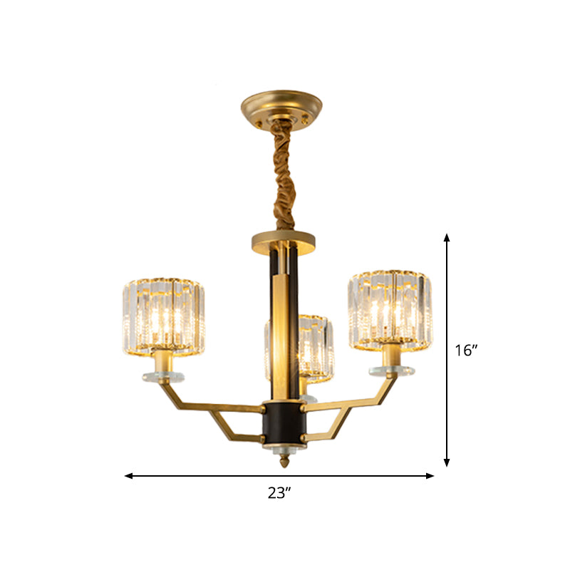 Cylindrical Bedroom Pendant Lighting Hand-Cut Crystal 3/6 Lights Modernism Chandelier in Gold