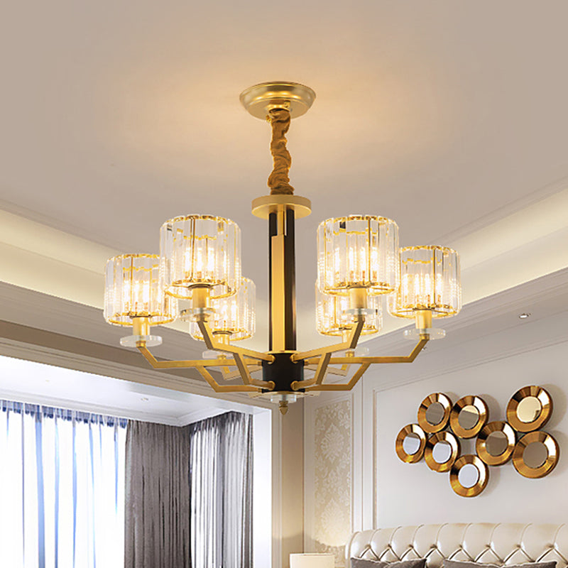 Cylindrical Bedroom Pendant Lighting Hand-Cut Crystal 3/6 Lights Modernism Chandelier in Gold