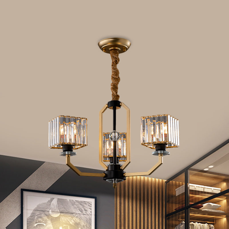 3/6 Bulbs Dining Room Chandelier Light Contemporary Gold Ceiling Lamp with Cubic Crystal Block Shade