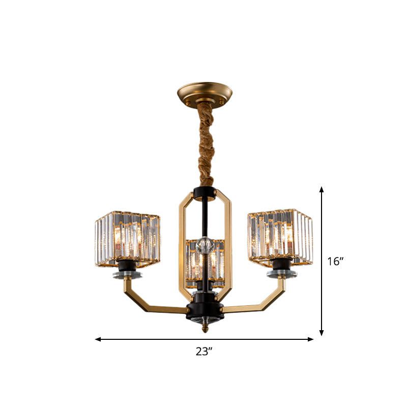 3/6 Bulbs Dining Room Chandelier Light Contemporary Gold Ceiling Lamp with Cubic Crystal Block Shade