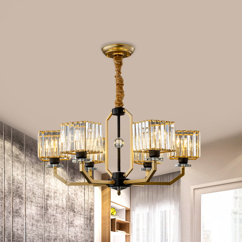 3/6 Bulbs Dining Room Chandelier Light Contemporary Gold Ceiling Lamp with Cubic Crystal Block Shade