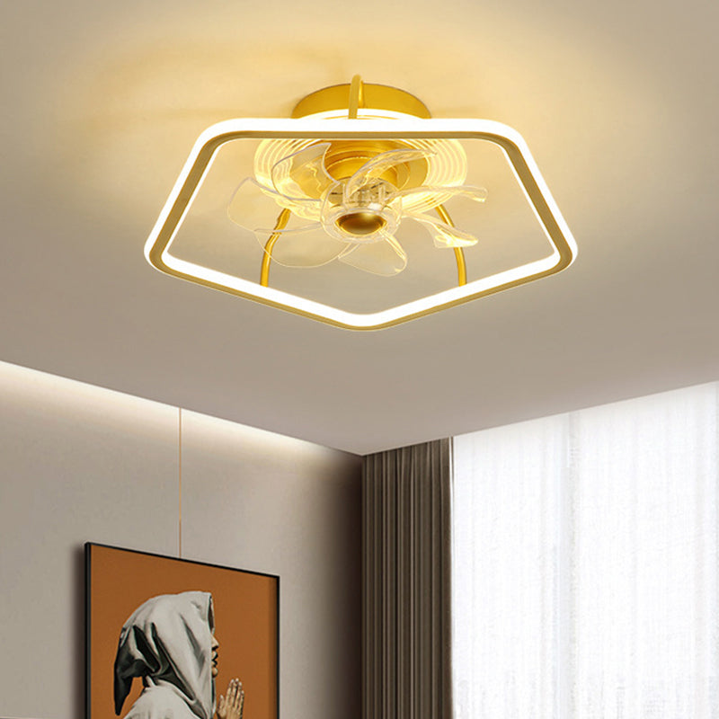 Pentagon Hanging Fan Light Contemporary Acrylic 19" W LED Bedroom Semi Flush Mount in Black/Gold, 7 Blades