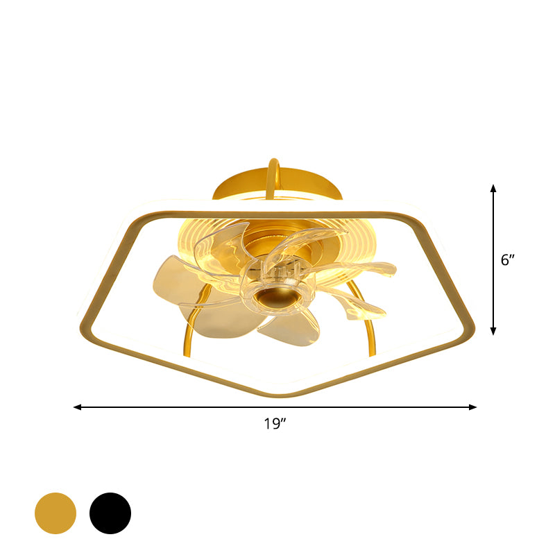 Pentagon Hanging Fan Light Contemporary Acrylic 19" W LED Bedroom Semi Flush Mount in Black/Gold, 7 Blades