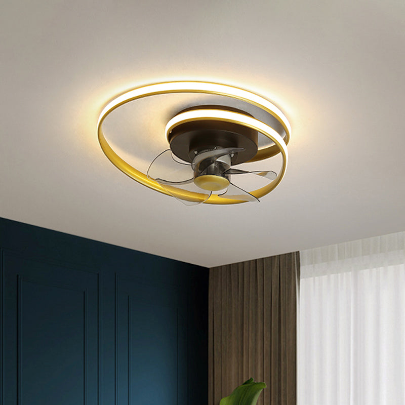 Simple Spiral Circle Fan Lighting Acrylic 18" W LED Bedroom Semi Flush Light Fixture in Black and White/Black and Gold, 5 Blades