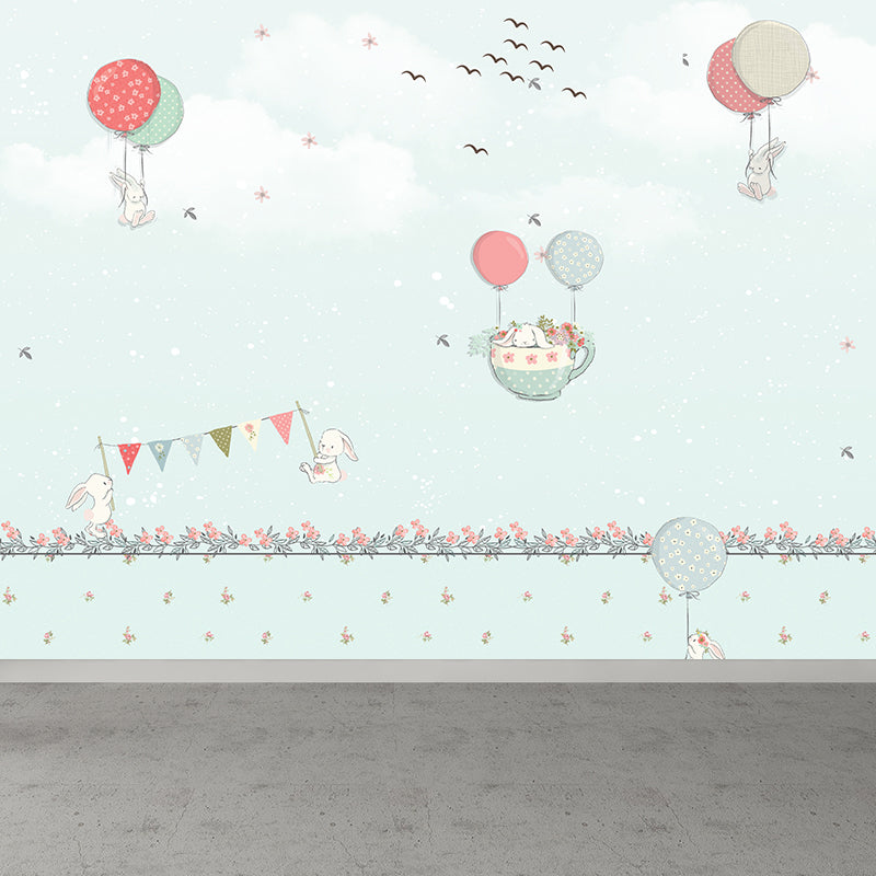 Non-Woven Large Pastel Mural Cartoon Rabbit and Hot Air Balloon Wall Decor, Custom Size