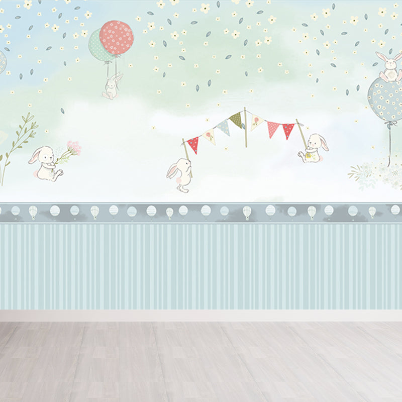 Light Blue Rabbit Mural Decal Animal Kids Style Stain Resistant Wall Covering for Room