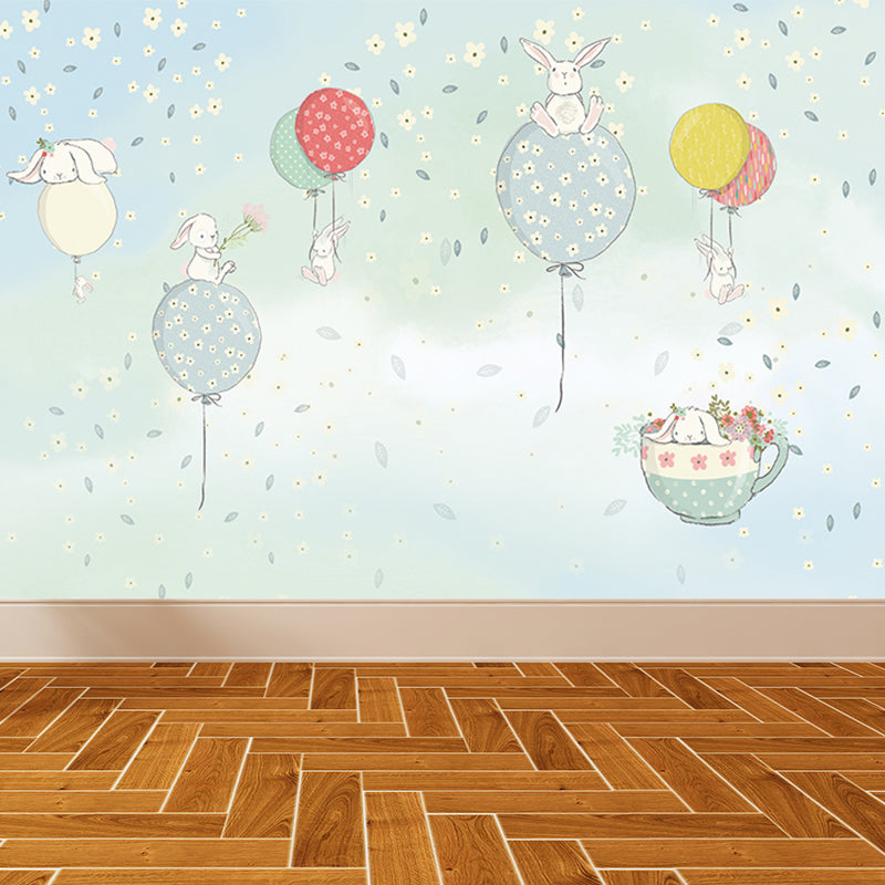 Full Size Rabbit Mural Wallpaper Waterproofing Cartoon Nursery Wall Art in Light Blue