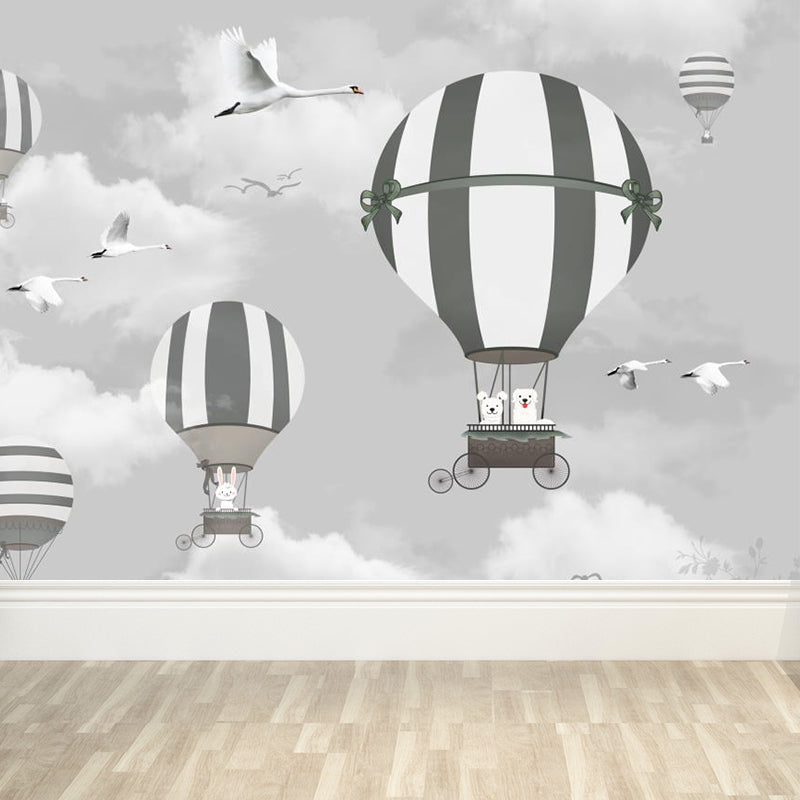 Rabbit Hot Air Balloon Mural Cartoon Non-Woven Fabric Wall Decor in Grey for Kids Room