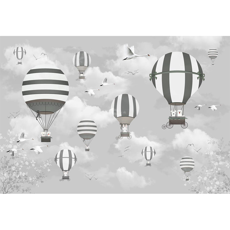 Rabbit Hot Air Balloon Mural Cartoon Non-Woven Fabric Wall Decor in Grey for Kids Room