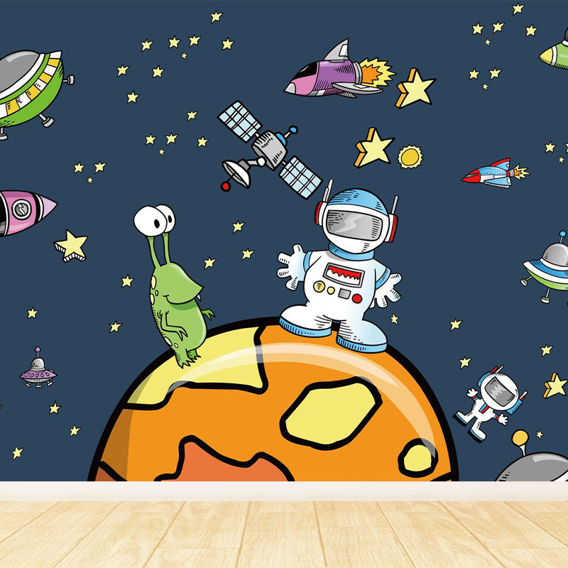 Cartoon Outer Space Wallpaper Mural Dark Blue Astronaut and Aeroboat Print Wall Covering
