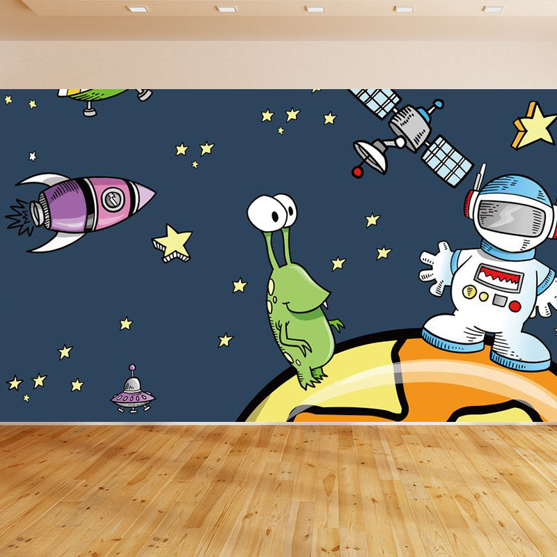 Cartoon Outer Space Wallpaper Mural Dark Blue Astronaut and Aeroboat Print Wall Covering