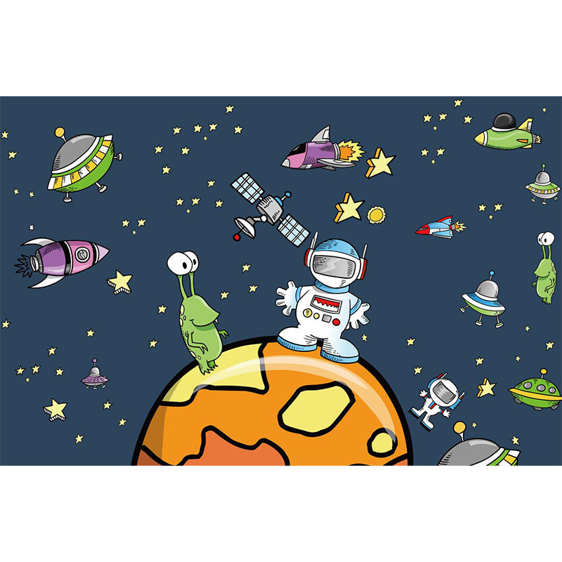 Cartoon Outer Space Wallpaper Mural Dark Blue Astronaut and Aeroboat Print Wall Covering