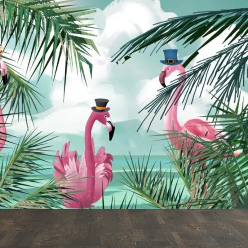 Flamingo and Palm Leaf Mural Kids Stain Resistant Living Room Wall Decor, Custom Print