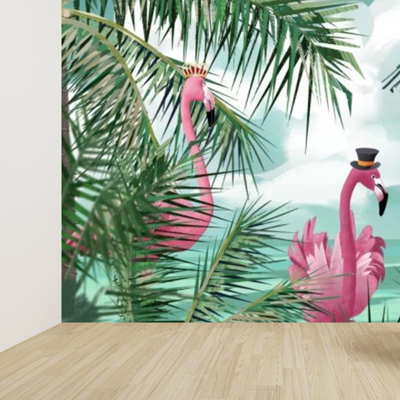 Flamingo and Palm Leaf Mural Kids Stain Resistant Living Room Wall Decor, Custom Print