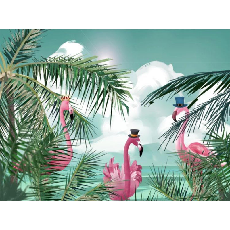 Flamingo and Palm Leaf Mural Kids Stain Resistant Living Room Wall Decor, Custom Print